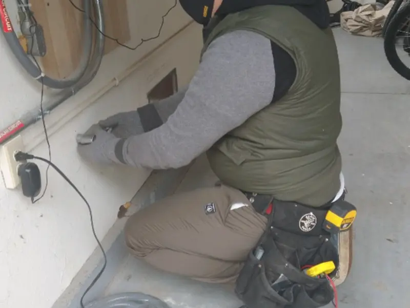 Electrician performing outlet wiring in a Humboldt garage